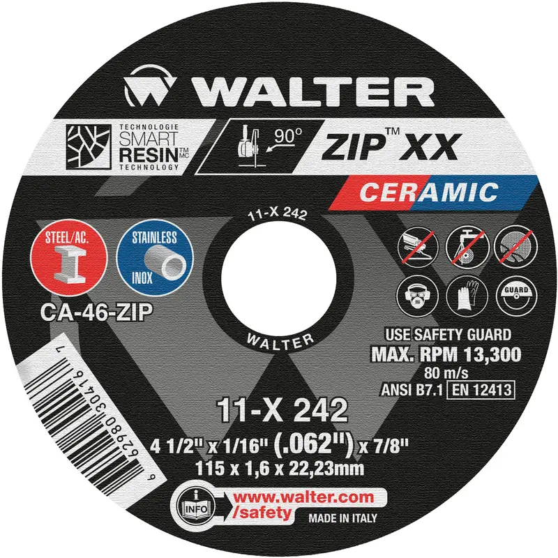 Zip™ Xx Ceramic Cut-Off Wheel, 4-1/2" X 1/16", 7/8" Arbor, Type 1, Ceramic, 13300 Rpm 1