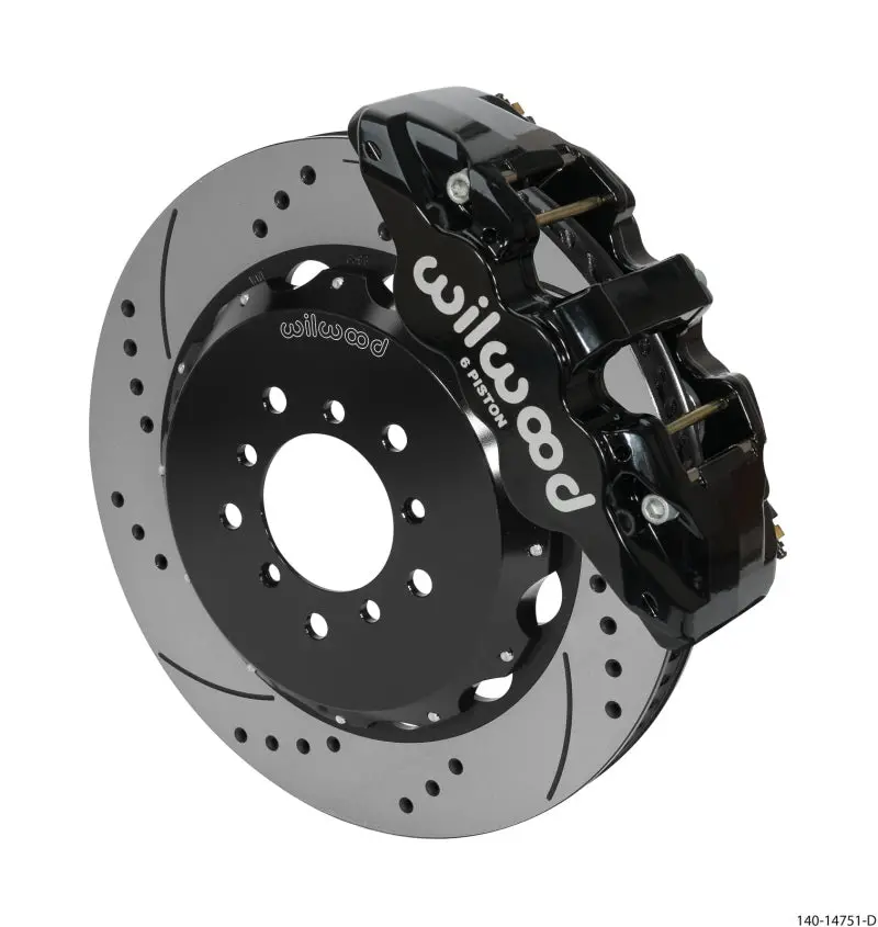 Wilwood Aero6 Front Brake Hat Kit — 14-Inch Drilled Rotor, Black Anodized, Includes Lines, Fits 2000–2006 Bmw M3 E46 1